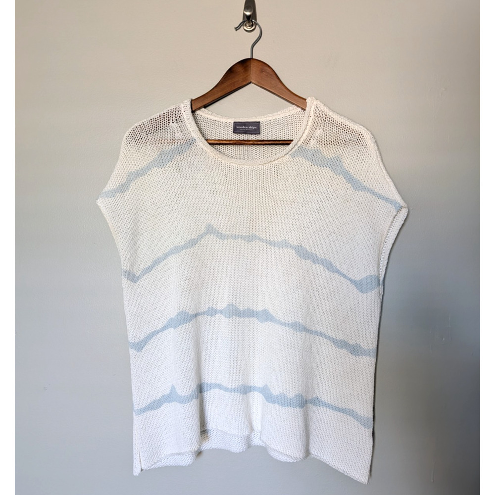Wooden Ships Ivory Blue Striped Short Sleeve Sweater Size XS Cotton Beachy Boho